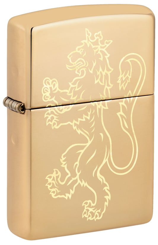 Front shot of Zippo Fighting Lion Design High Polish Brass Windproof Lighter standing at a 3/4 angle.