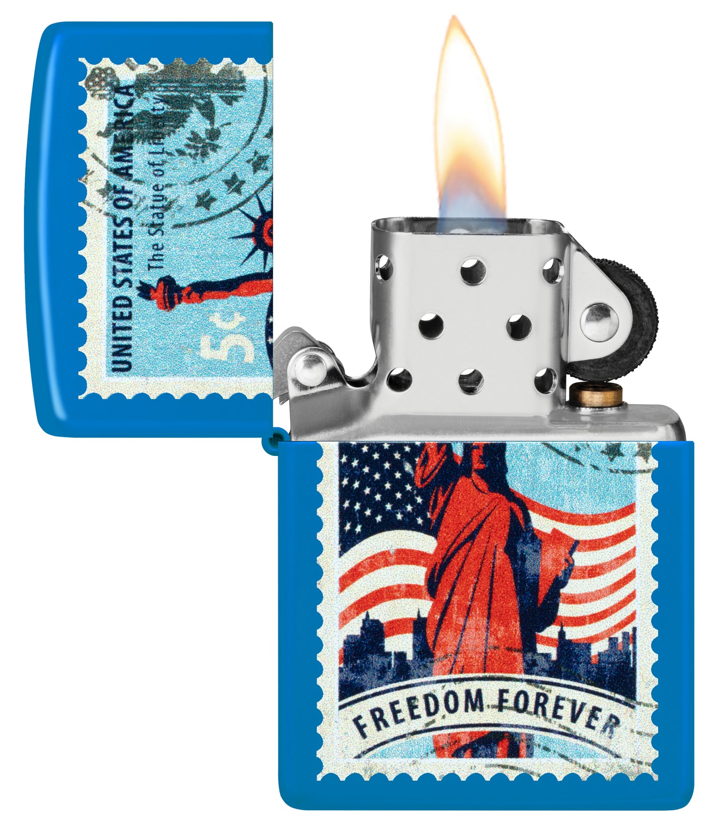 Zippo Stamp of Liberty Design Sky Blue Matte Windproof Lighter with its lid open and lit.