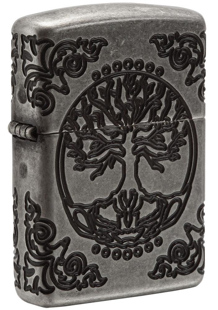 ArmorÂ® Tree of Life Windproof Lighter standing at a 3/4 angle