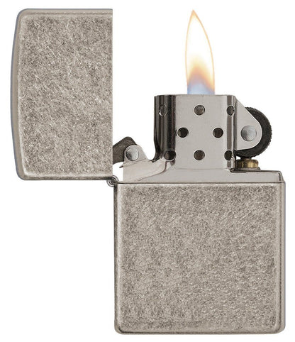 ArmorÂ®  Antique Silver Plate Windproof Lighter with lid open and lit