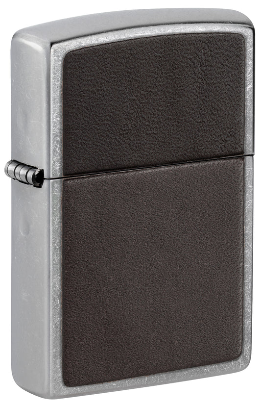 Front shot of Zippo Brown Leather Emblem Street Chrome Windproof Lighter standing at a 3/4 angle.