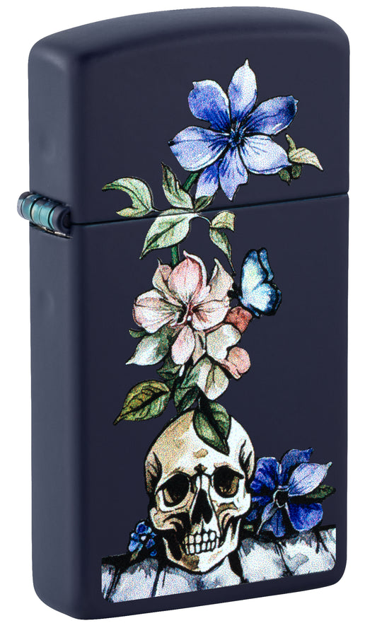Front shot of Zippo Bone Bouquet Design Slim Navy Matte Windproof Lighter standing at a 3/4 angle.