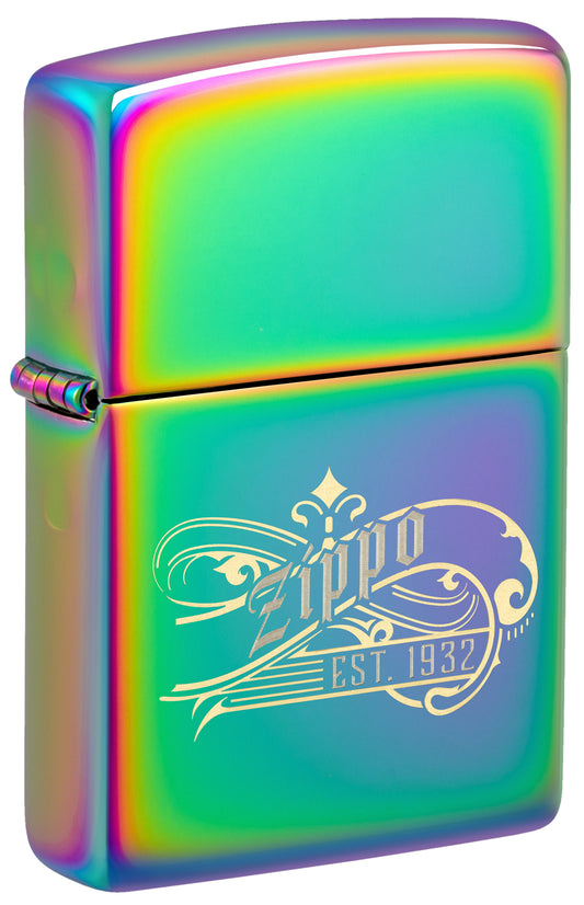 Front shot of Zippo Established 1932 Design Multi Color Windproof Lighter standing at a 3/4 angle.