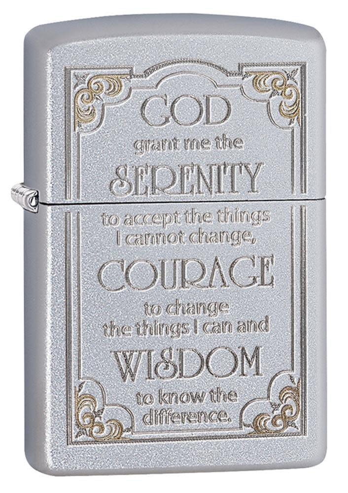Front shot of Satin Chrome Serenity Prayer Windproof Lighter standing at a 3/4 angle.