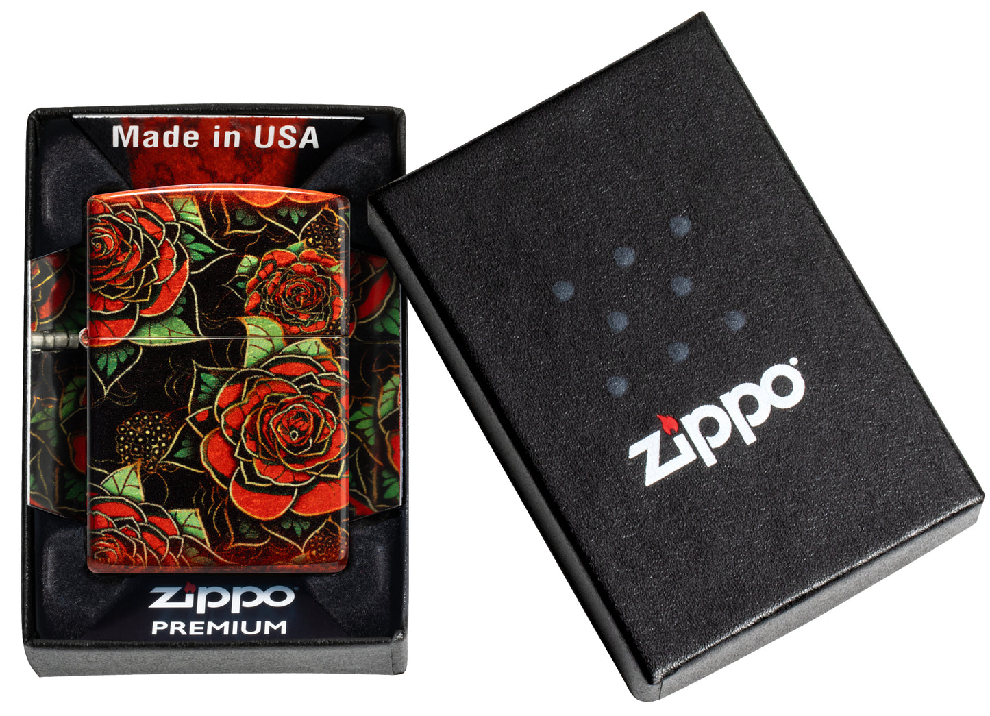 Zippo Blooming Roses Design 540 Tumbled Brass Windproof Lighter in its packaging.