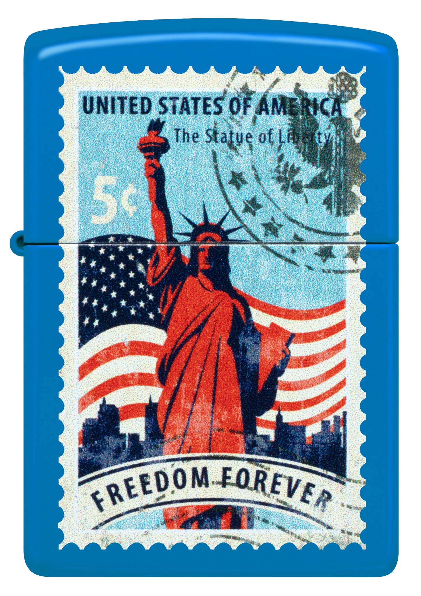 Front view of Zippo Stamp of Liberty Design Sky Blue Matte Windproof Lighter.