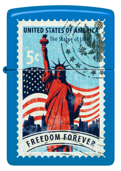 Front view of Zippo Stamp of Liberty Design Sky Blue Matte Windproof Lighter.