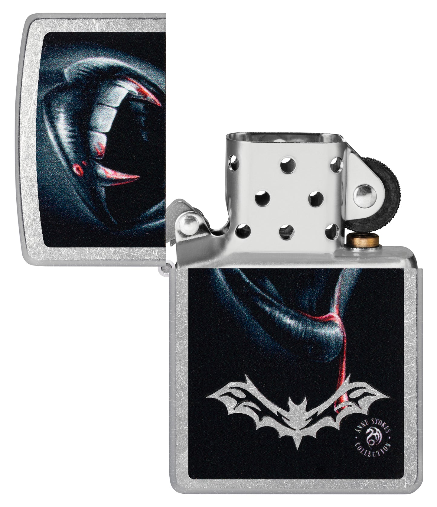 Zippo Anne Stokes Bite Design Street Chrome Windproof Lighter with its lid open and unlit.