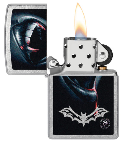 Zippo Anne Stokes Bite Design Street Chrome Windproof Lighter with its lid open and lit.