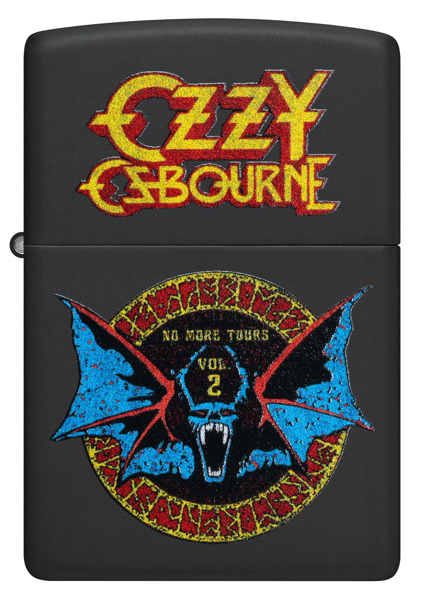 Front view of Zippo Ozzy Osbourne No More Tours Design Black Matte Windproof Lighter.