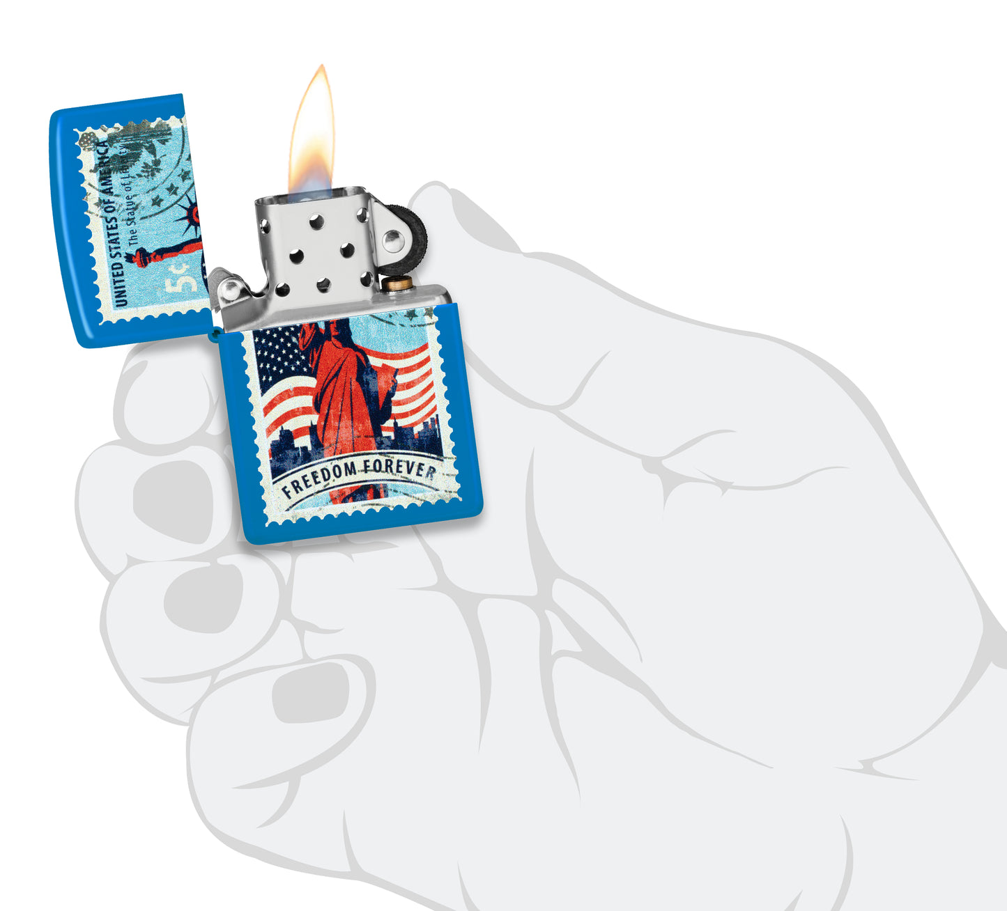 Zippo Stamp of Liberty Design Sky Blue Matte Windproof Lighter lit in hand.