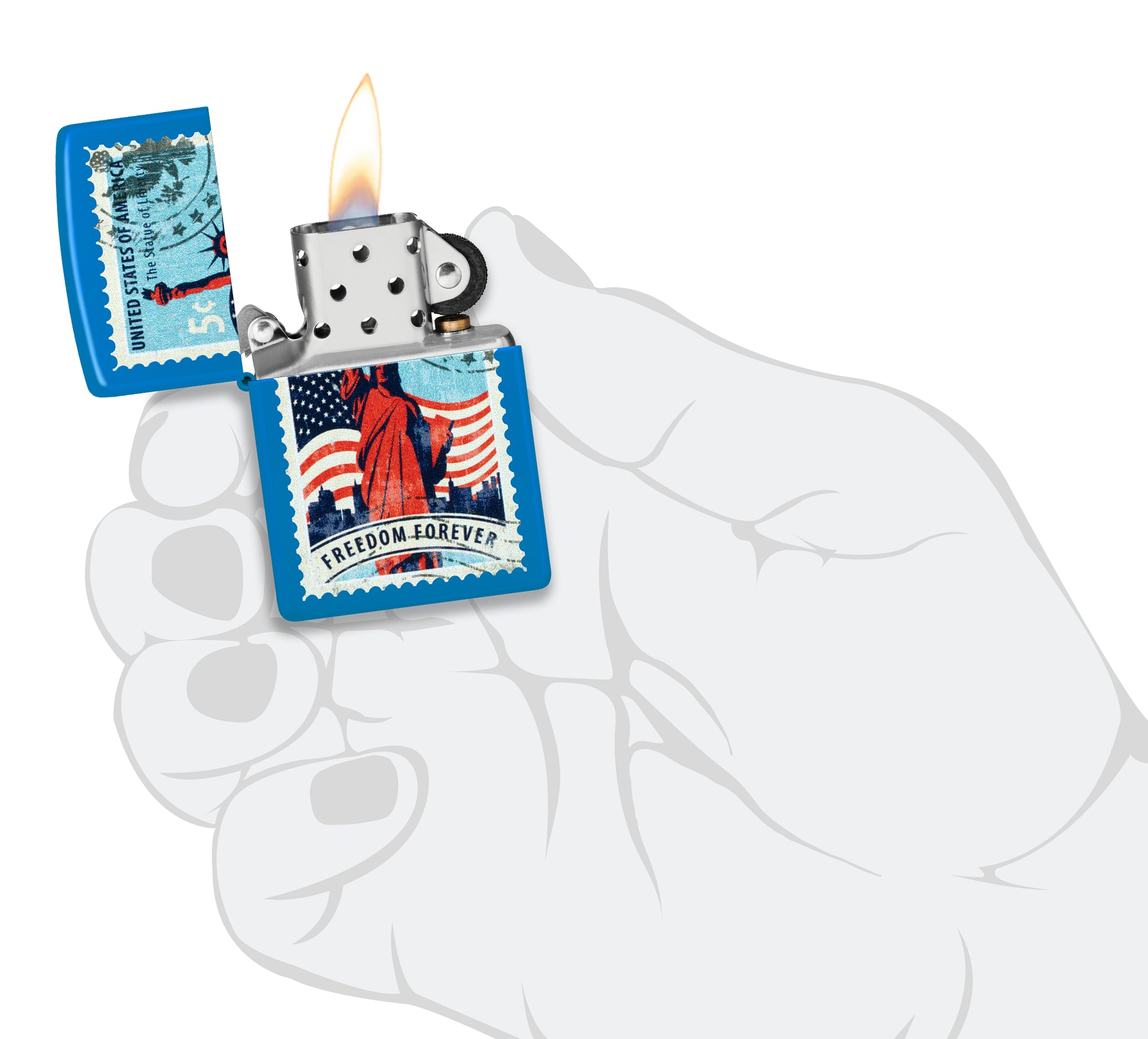 Zippo Stamp of Liberty Design Sky Blue Matte Windproof Lighter lit in hand.