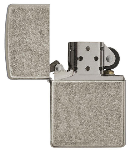 ArmorÂ®  Antique Silver Plate Windproof Lighter with its lid open and unlit
