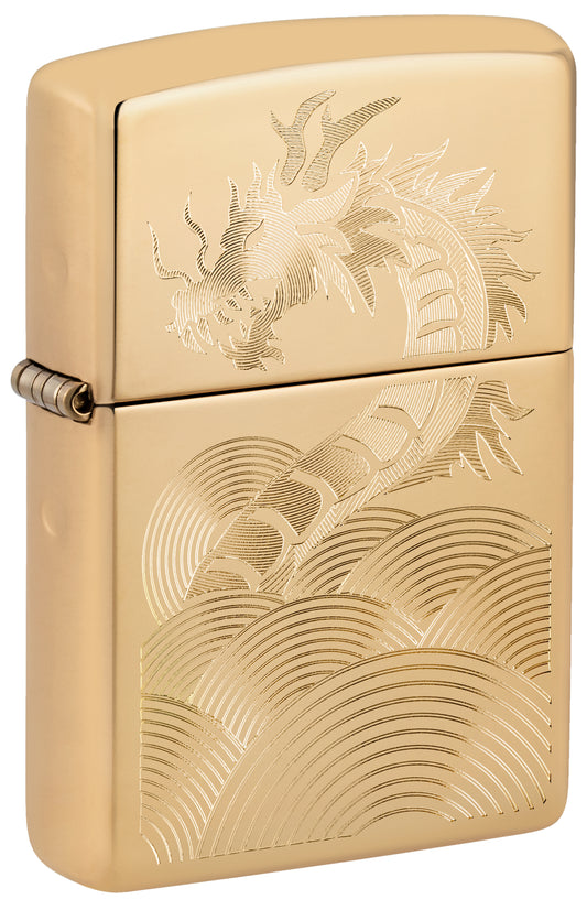 Front shot of Zippo Golden Dragon Design High Polish Brass Windproof Lighter standing at a 3/4 angle.