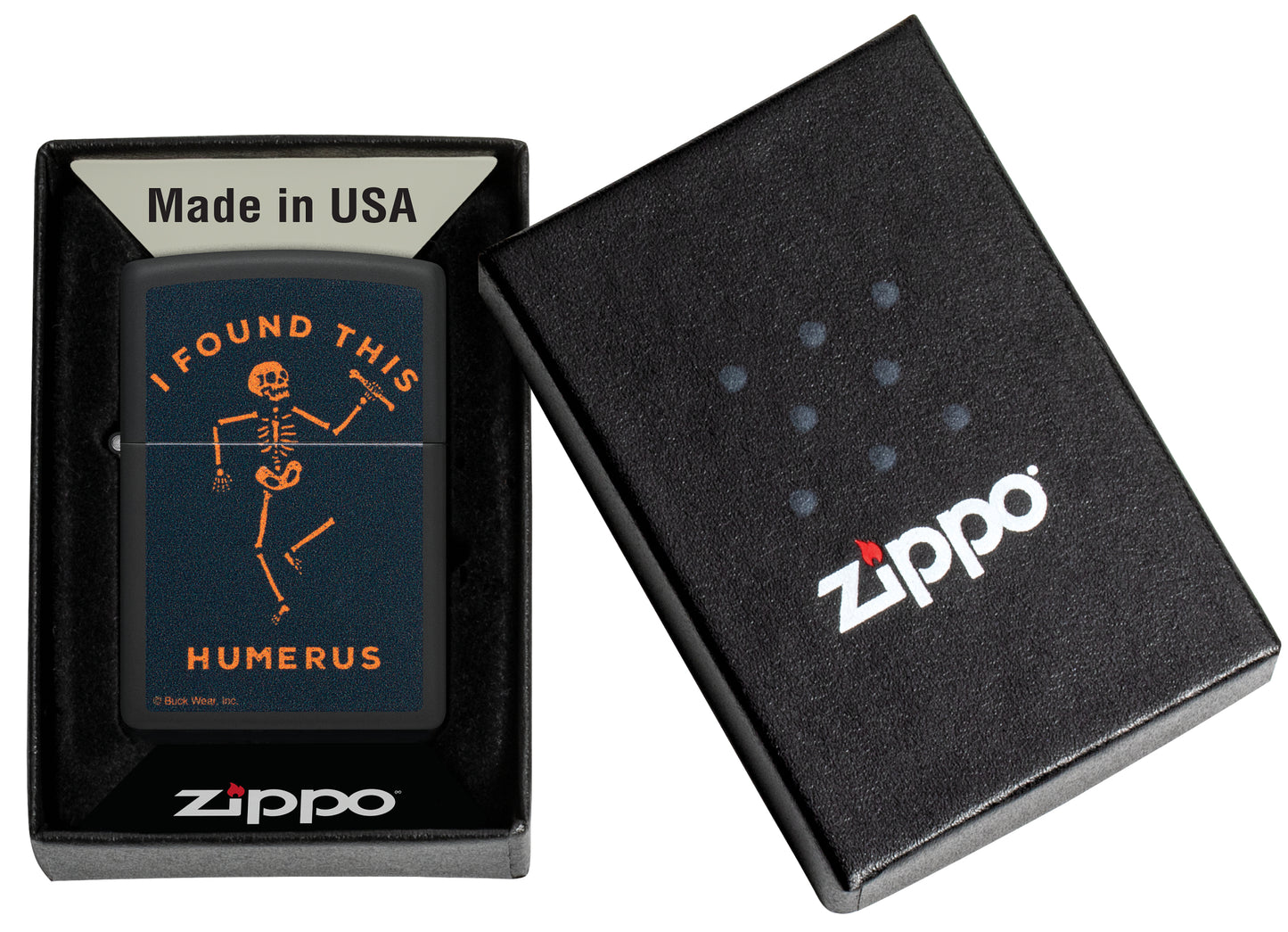 Zippo Buck Wear™ Humerus Design Black Matte Windproof Lighter in its packaging.