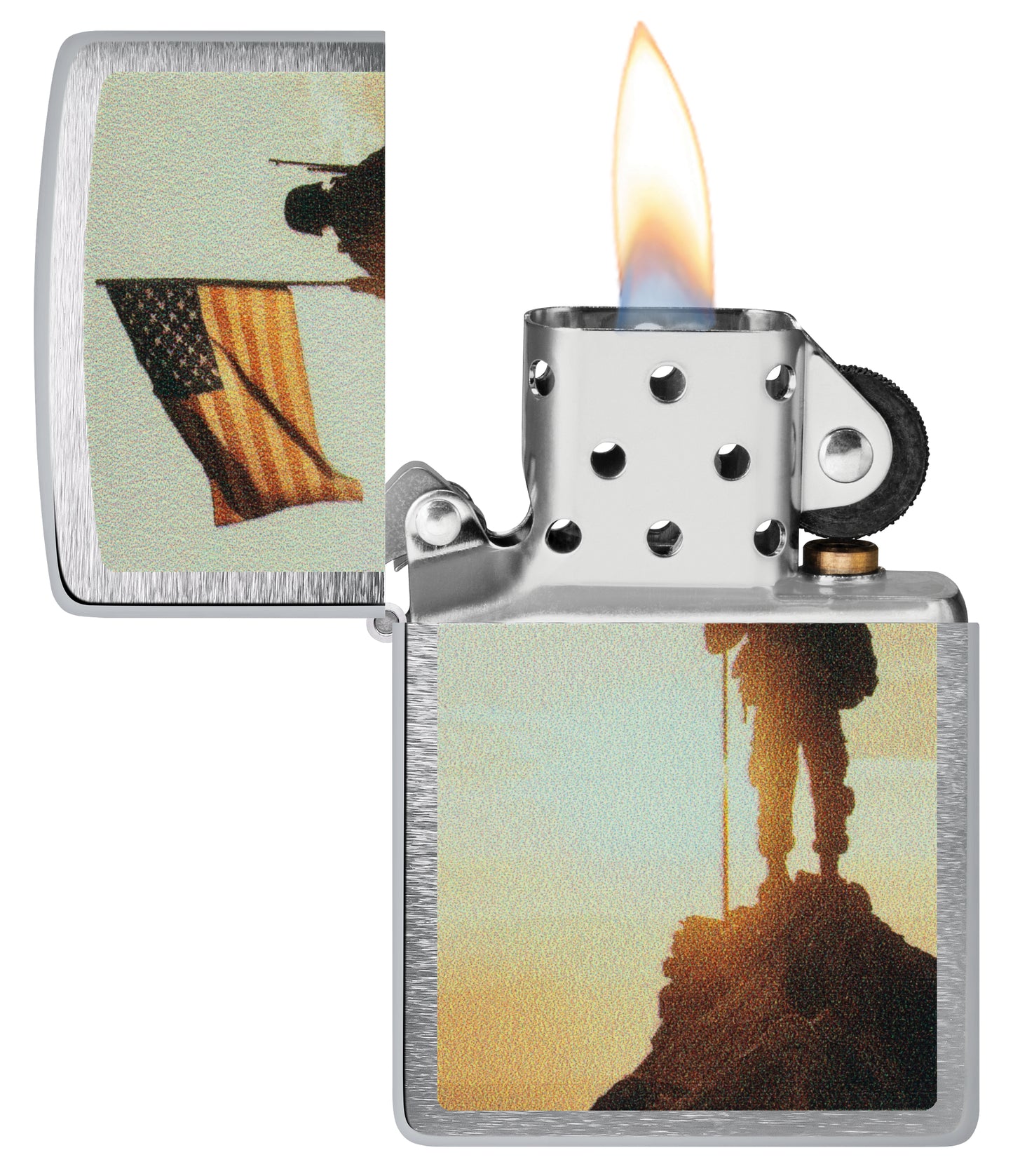 Zippo Soldier and Flag Design Brushed Chrome Windproof Lighter  with its lid open and lit.