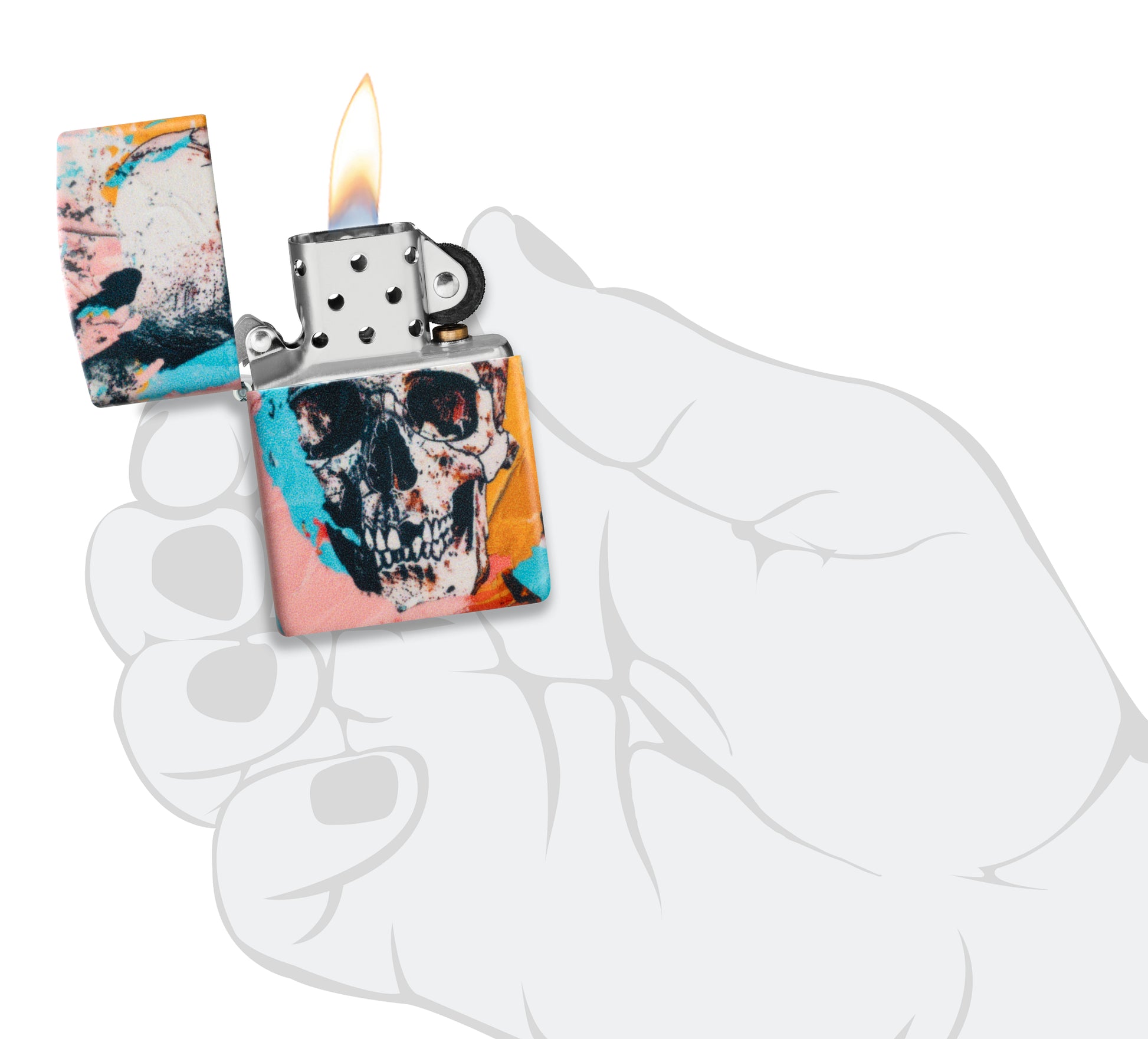 Zippo Graffiti Skull Design 540 Matte Windproof Lighter lit in hand.