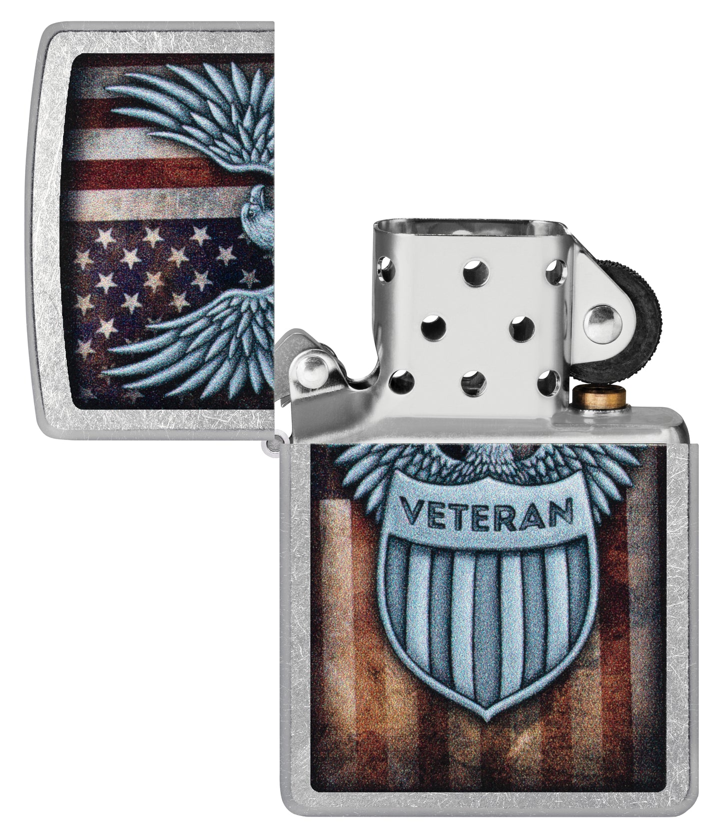Zippo Veteran Crest Design Street Chrome Windproof Lighter with its lid open and unlit.