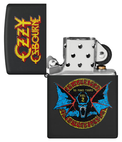 Zippo Ozzy Osbourne No More Tours Design Black Matte Windproof Lighter with its lid open and unlit.