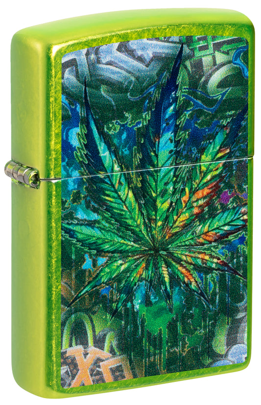 Front shot of Zippo Graffiti Leaf Design Lurid Windproof Lighter standing at a 3/4 angle.