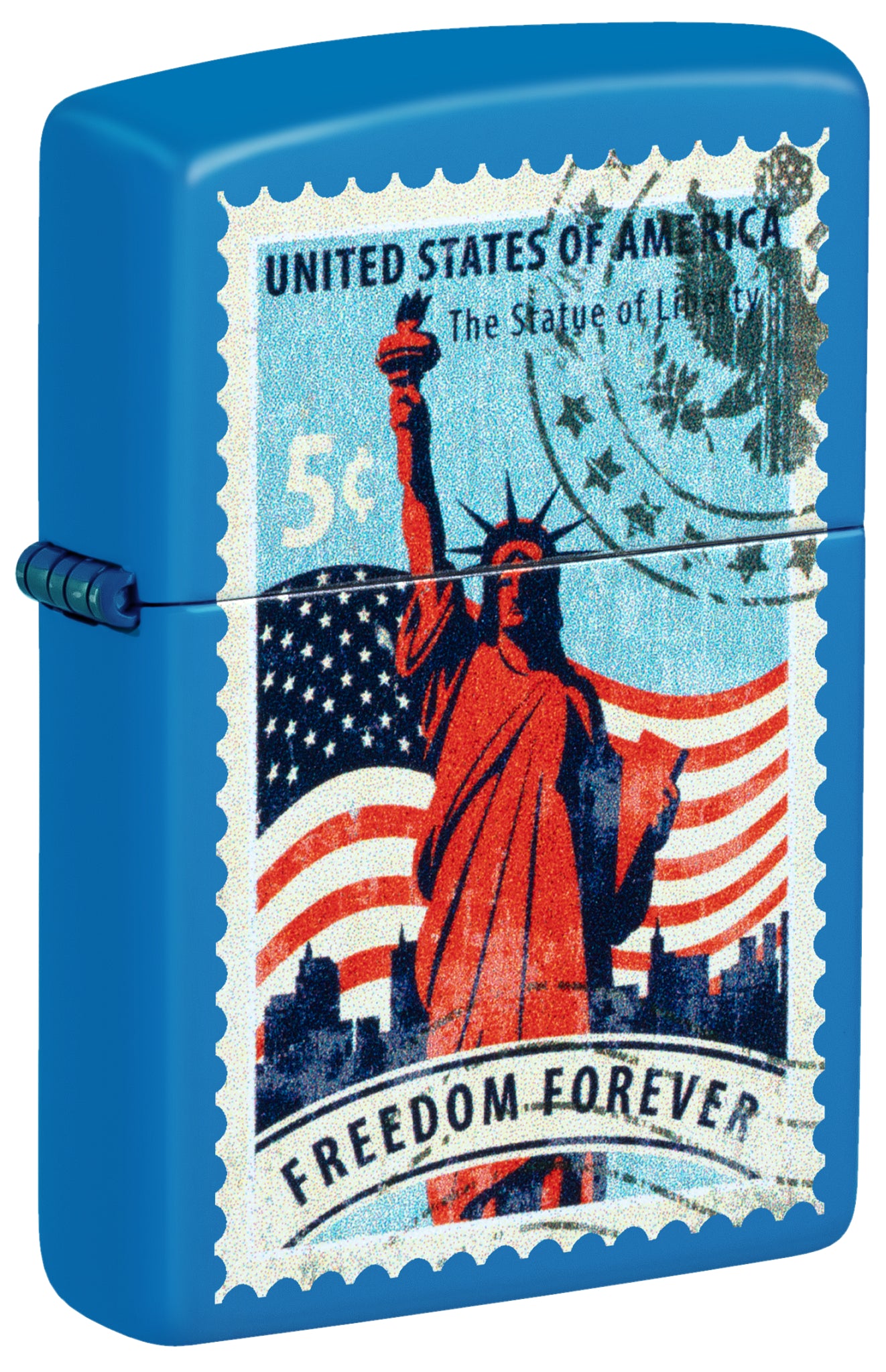 Front shot of Zippo Stamp of Liberty Design Sky Blue Matte Windproof Lighter standing at a 3/4 angle.