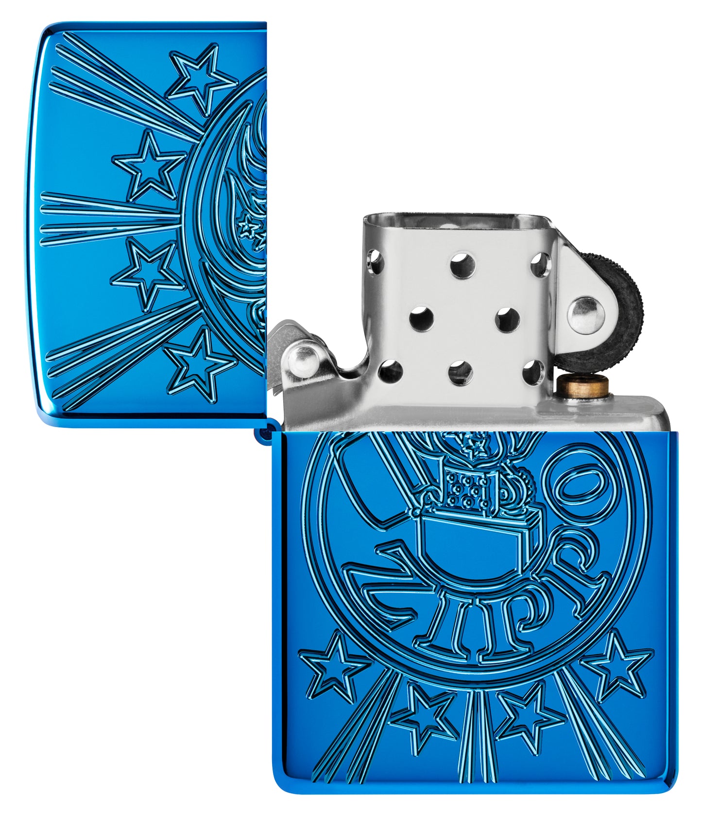 Zippo Starburst Design Armor® High Polish Blue Windproof Lighter with its lid open and unlit.