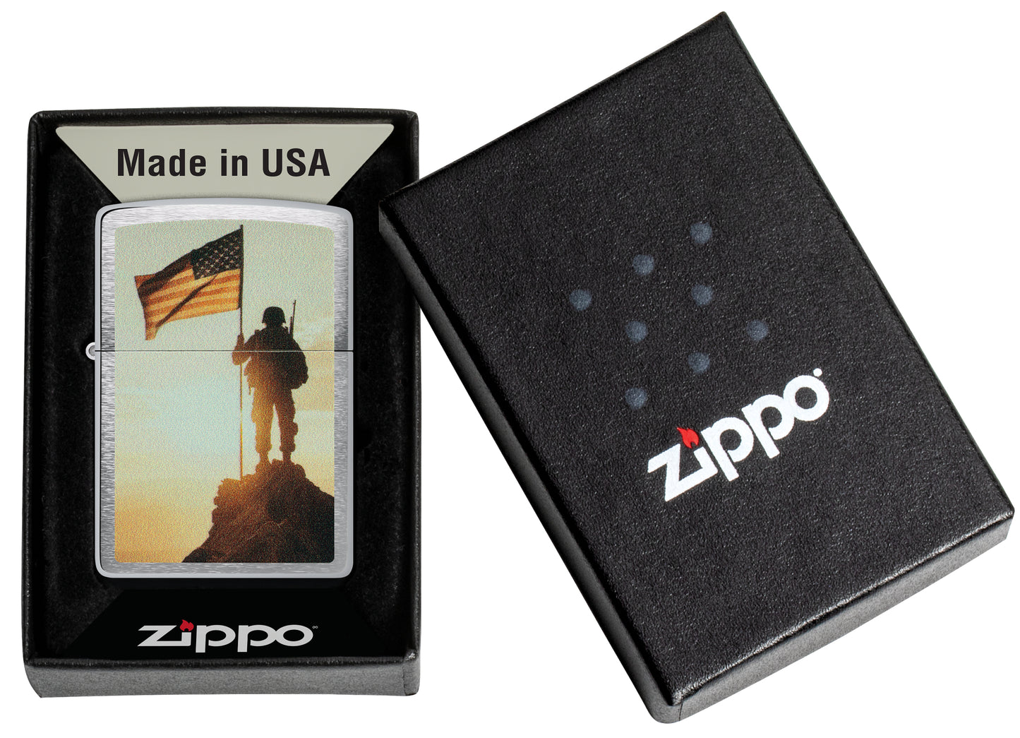 Zippo Soldier and Flag Design Brushed Chrome Windproof Lighter in its packaging.