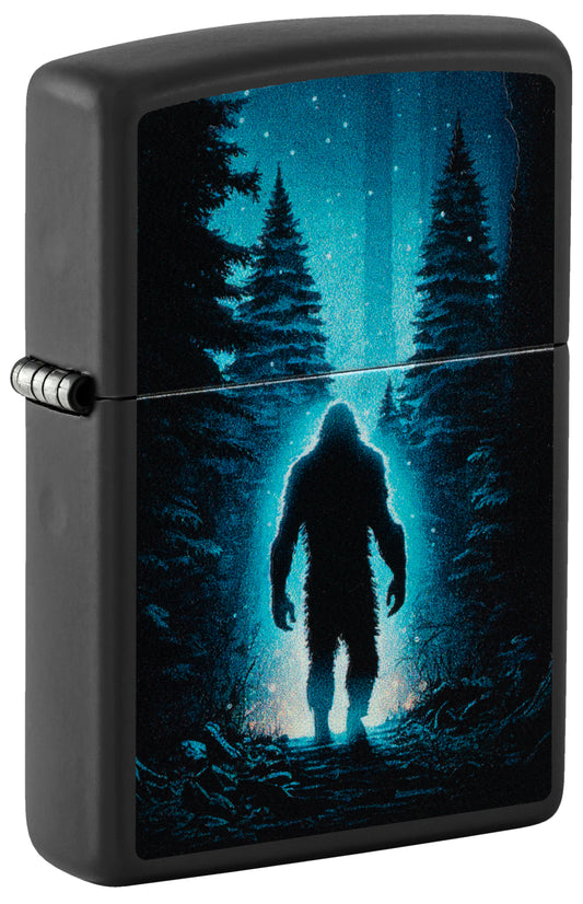 Front shot of Zippo  Ultra Squatch Design Black Matte Windproof Lighter standing at a 3/4 angle.