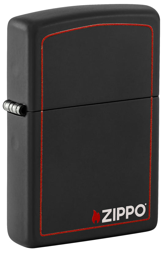 Front shot of Classic Zippo Logo with Red Border Black Matte Windproof Lighter standing at a 3/4 angle.