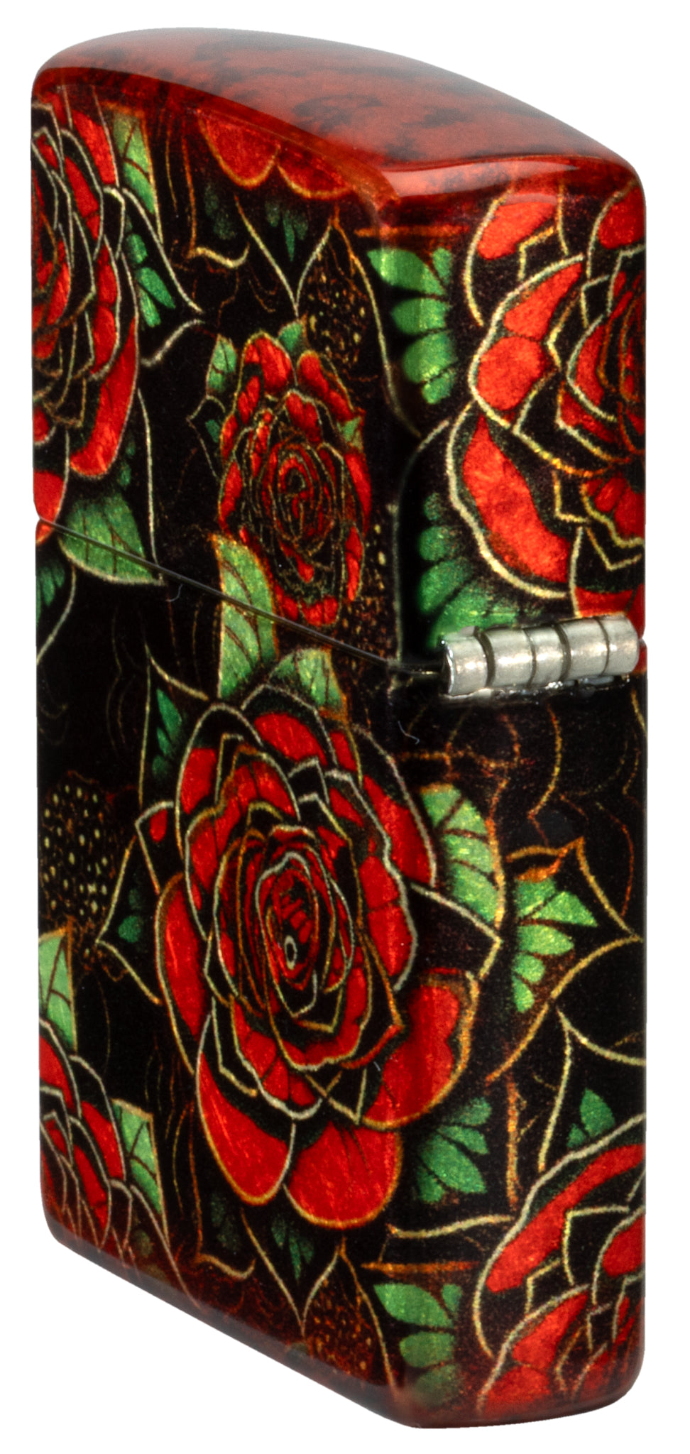 Angled shot of  Zippo Blooming Roses Design 540 Tumbled Brass Windproof Lighter showing the back and hinge sides of the lighter.