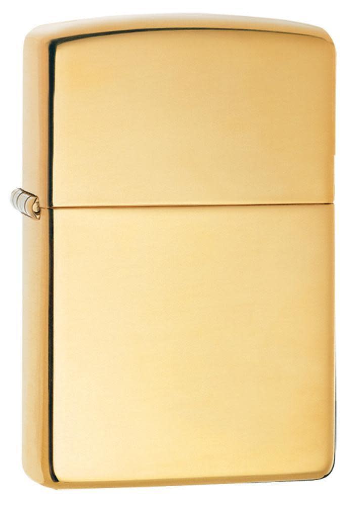 ArmorÂ® High Polish Brass Windproof Lighter standing at a 3/4 angle