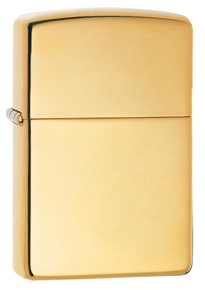ArmorÂ® High Polish Brass Windproof Lighter standing at a 3/4 angle
