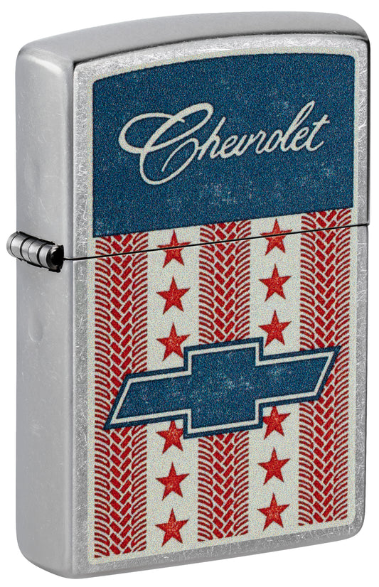 Front shot of Zippo Chevrolet® Stars and Stripes Design Street Chrome Windproof Lighter standing at a 3/4 angle.