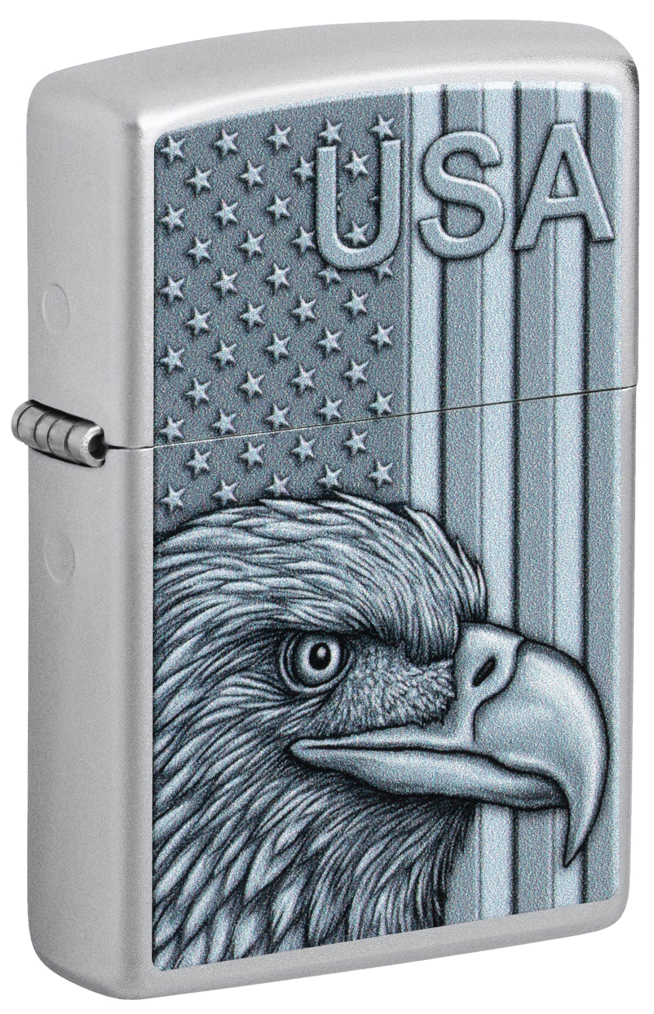 Front shot of Zippo USA Pride Design Satin Chrome Windproof Lighter standing at a 3/4 angle.