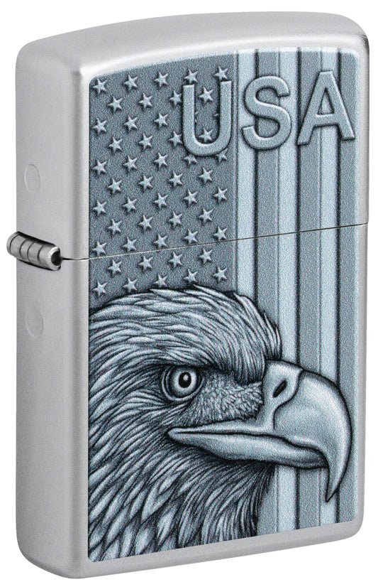 Front shot of Zippo USA Pride Design Satin Chrome Windproof Lighter standing at a 3/4 angle.