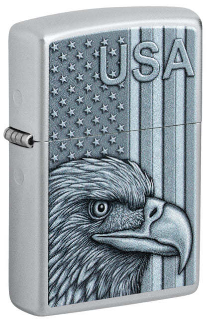 Front shot of Zippo USA Pride Design Satin Chrome Windproof Lighter standing at a 3/4 angle.