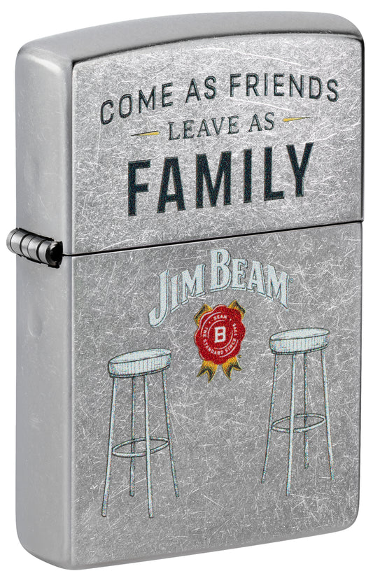 Front shot of Zippo Jim Beam® Barstools Street Chrome Windproof Lighter  standing at a 3/4 angle.