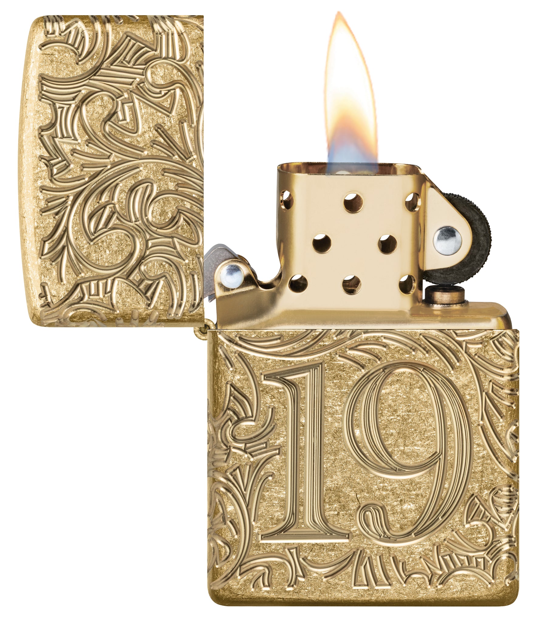Zippo 1932 Filigree Design  Armor® Tumbled Brass Windproof Lighter with its lid open and lit.