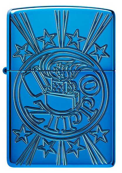 Front view of Zippo Starburst Design Armor® High Polish Blue Windproof Lighter.