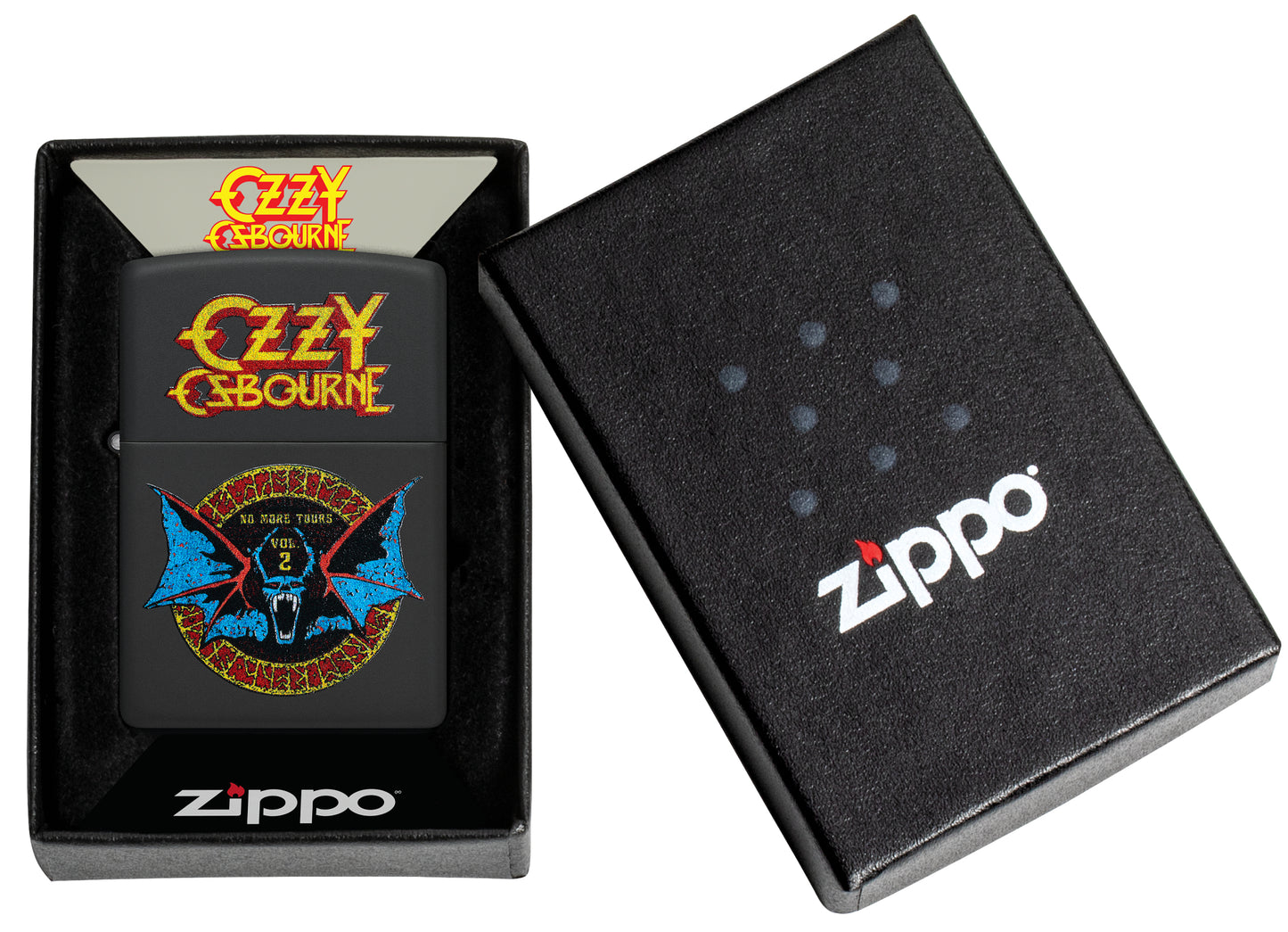 Zippo Ozzy Osbourne No More Tours Design Black Matte Windproof Lighter in its packaging.