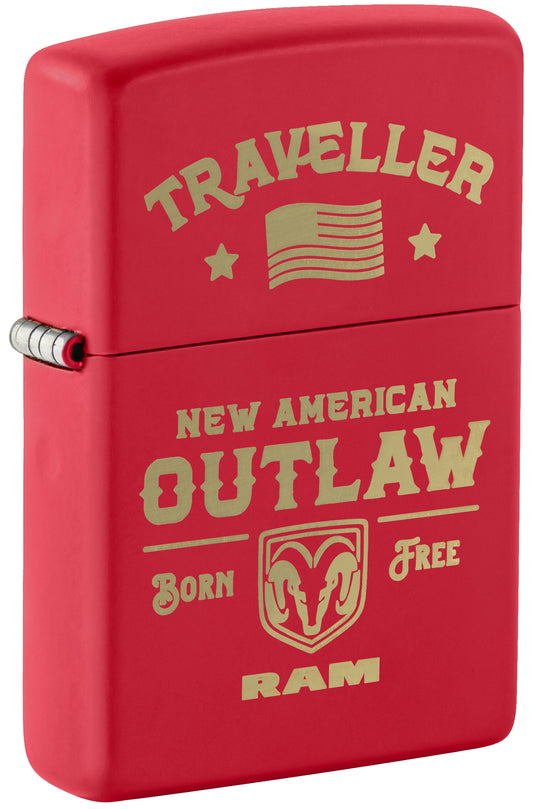 Front shot of Zippo Ram Traveller Design Red Matte Windproof Lighter standing at a 3/4 angle.