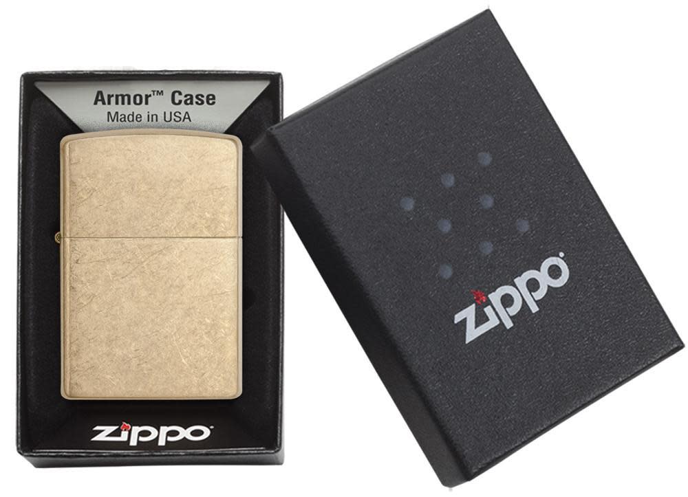 ArmorÂ® Tumbled Brass Windproof Lighter in its packaging