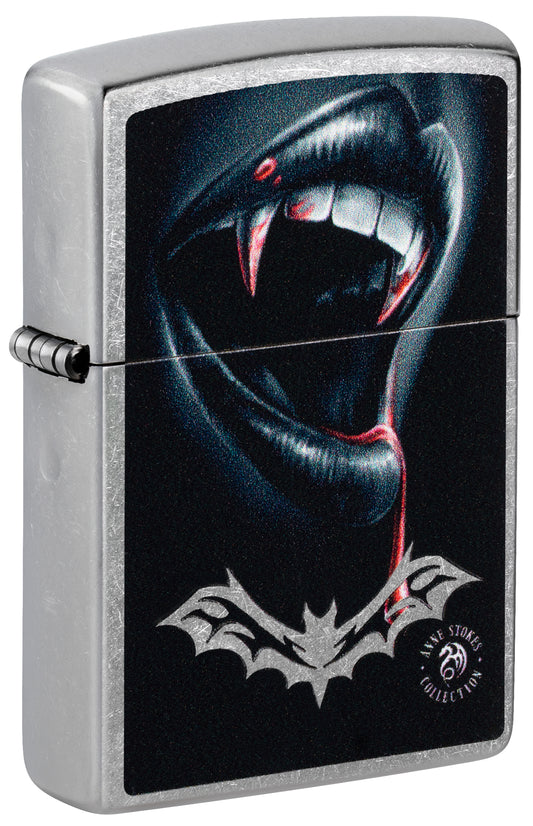 Front shot of Zippo Anne Stokes Bite Design Street Chrome Windproof Lighter standing at a 3/4 angle.