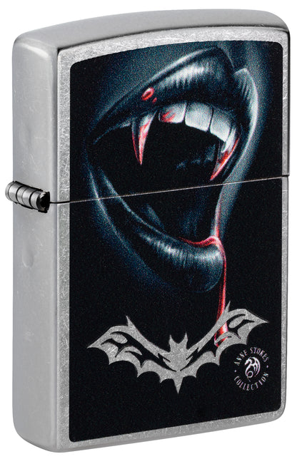 Front shot of Zippo Anne Stokes Bite Design Street Chrome Windproof Lighter standing at a 3/4 angle.