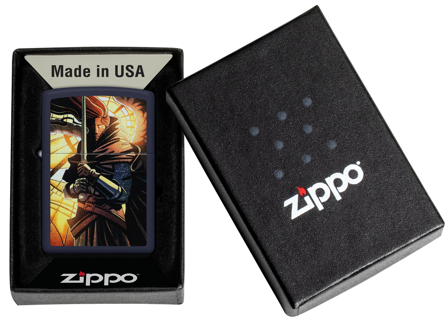 Zippo Abstract Knight Design Navy Matte Windproof Lighter in its packaging.