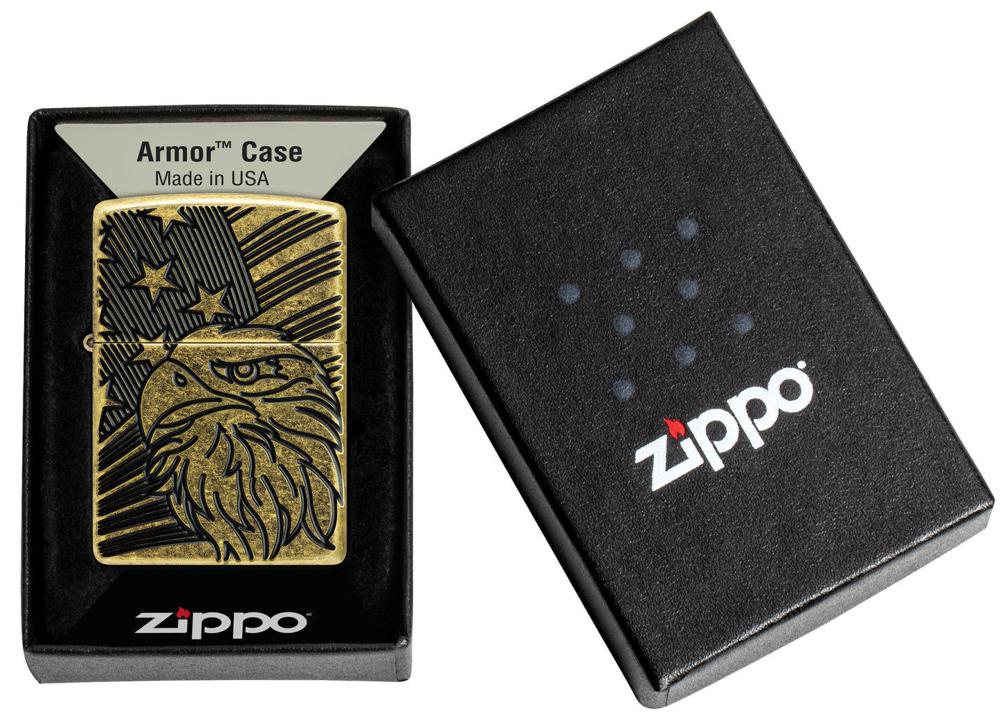 Zippo Eagle and Flag Design Armor® Antique Brass Windproof Lighter in its packaging.