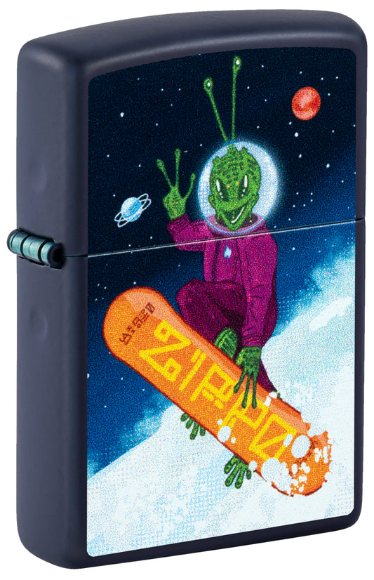 Front shot of Zippo Space Shredder Design Navy Matte Windproof Lighter standing at a 3/4 angle.