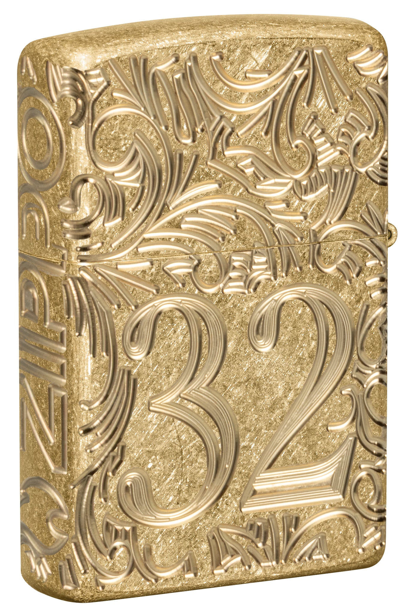 Back view of Zippo 1932 Filigree Design  Armor® Tumbled Brass Windproof Lighter standing at a 3/4 angle.