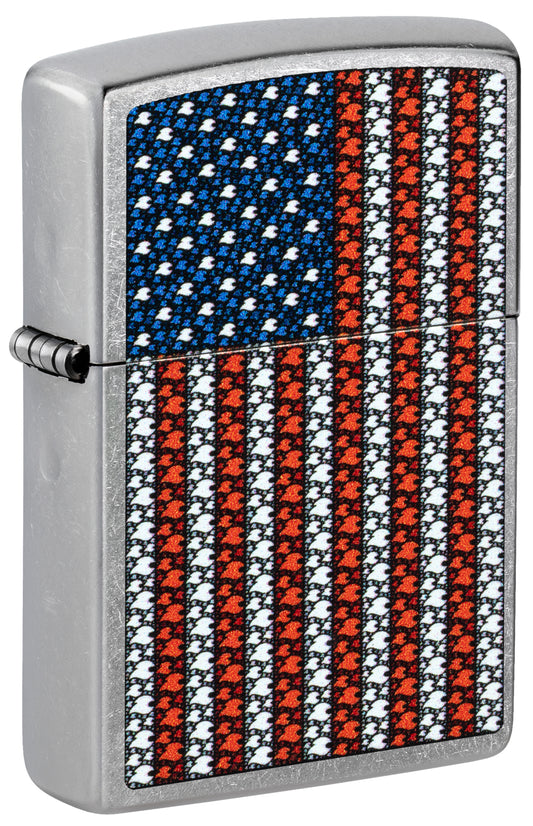 Front shot of Zippo Flame Spangled Banner Design Street Chrome Windproof Lighter standing at a 3/4 angle.