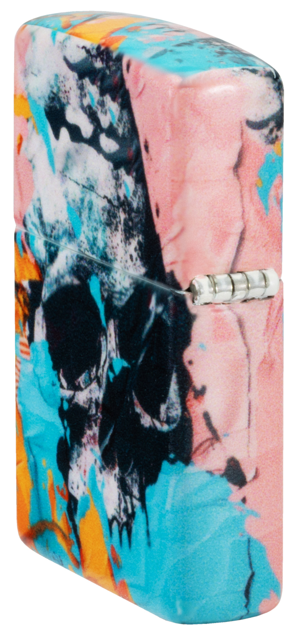 Angled shot of  Zippo Graffiti Skull Design 540 Matte Windproof Lighter showing the back and hinge sides of the lighter.